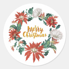 Frohe Weihnachten Floral Poinsettia Wreath Runder Aufkleber