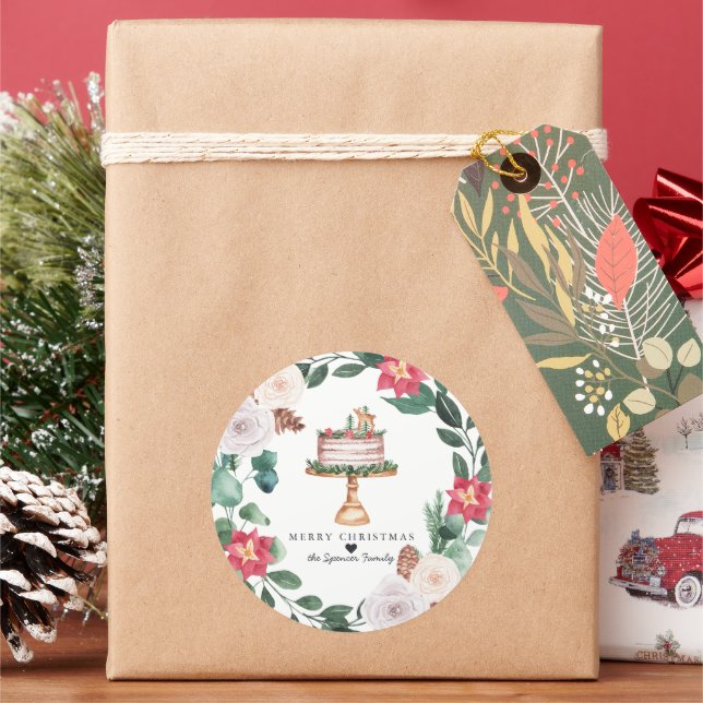 Frohe Weihnachten | Floral Wreath Holiday Cake Runder Aufkleber (Feiertag)