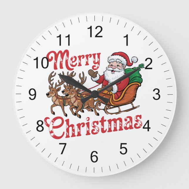 Frohe Weihnachten Flying Santa Sleigh Rentier Große Wanduhr (Vorderseite)
