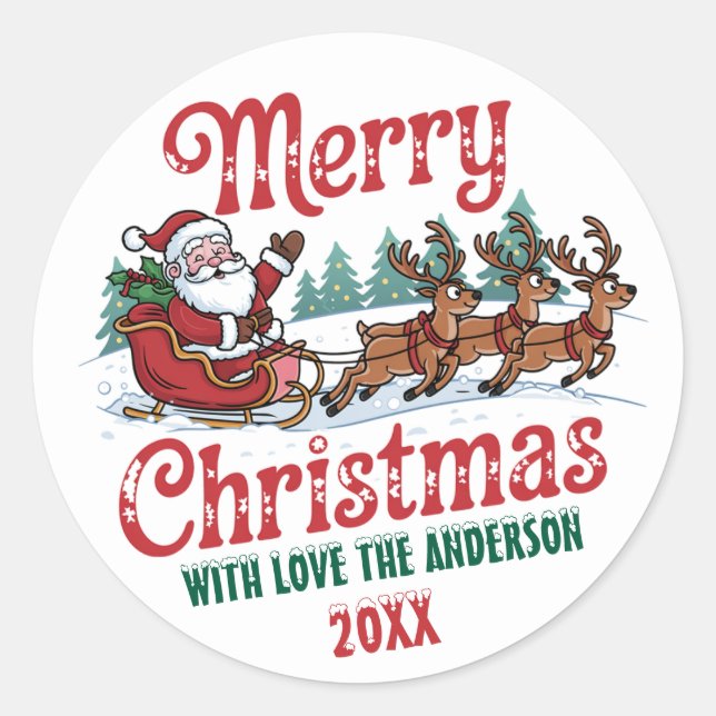 Frohe Weihnachten Flying Santa Sleigh Rentier Runder Aufkleber (Vorderseite)