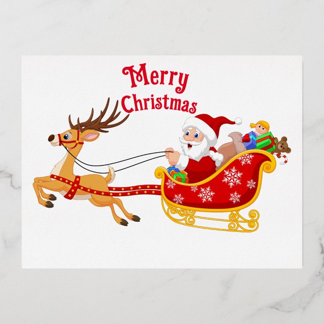 Frohe Weihnachten Folien Feiertagspostkarte (Cartoon illustration of Santa Claus riding in a red and gold sleigh pulled by a reindeer.)
