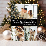 Frohe Weihnachten Foto Collage<br><div class="desc">Diese fantastische 3-Foto-Urlaubskarte mit "Frohe Weihnachten!" in einem modernen Skript-Schriftart und Ihrem Familiennamen und Jahr in einem feinen Schriftart mit traditioneller Kappe,  beide in Weiß auf Schwarz mit passendem Rücken,  ist ideal für den Versand an Ihre Familie und Freunde. Jeder wird Liebe bekommen neue Fotos Ihrer Familie!</div>