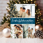 Frohe Weihnachten Foto Collage<br><div class="desc">Diese fantastische 3-Foto-Urlaubskarte mit "Frohe Weihnachten!" in einem modernen Skript-Schriftart und Ihrem Familiennamen und Jahr in einem feinen Schriftart mit traditioneller Kappe,  beides weiß auf aquamarin mit einem passenden Rücken,  ist ideal für den Versand an Ihre Familie und Freunde. Jeder wird Liebe bekommen neue Fotos Ihrer Familie!</div>