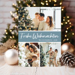 Frohe Weihnachten Foto Collage<br><div class="desc">Diese fantastische 3-Foto-Urlaubskarte mit "Frohe Weihnachten!" in einem modernen Skript-Schriftart und Ihrem Familiennamen und Jahr in einem feinen,  klassischen Schriftart,  sowohl in Weiß als auch in staubblau mit einem passenden Rücken,  ist ideal für den Versand an Ihre Familie und Freunde. Jeder wird Liebe bekommen neue Fotos Ihrer Familie!</div>