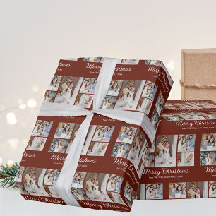 Frohe Weihnachten Foto-Collage Elegantes Burgund Geschenkpapier