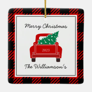 Frohe Weihnachten Foto Jahr Name Red Truck Tree Keramikornament