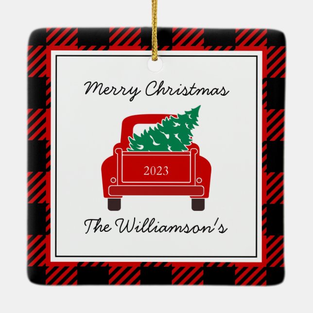 Frohe Weihnachten Foto Jahr Name Red Truck Tree Keramikornament (Rückseite)