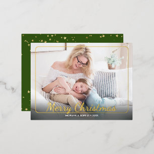 Frohe Weihnachten, Foto, Name und Nachricht Gold Folien Feiertagspostkarte