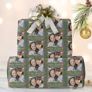 Frohe Weihnachten Fotocollage Grüne Streifen Geschenkpapier