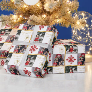 Frohe Weihnachten - Fotos Gold und Rote Ornamente Geschenkpapier