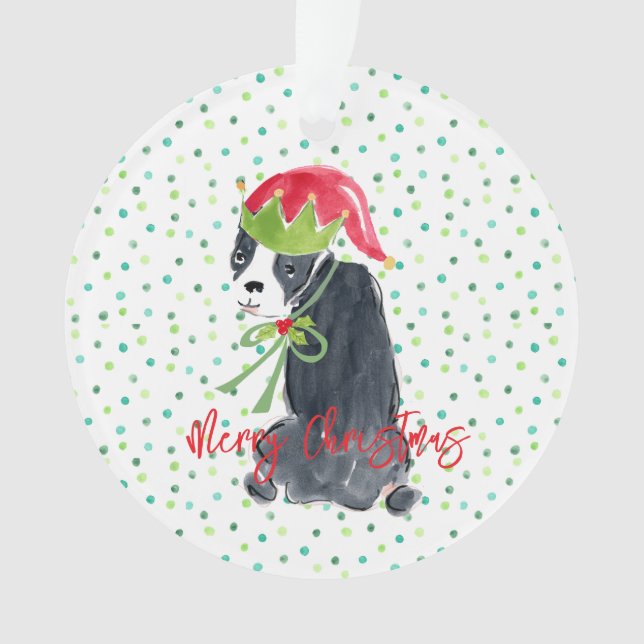 Frohe Weihnachten Französisch Bulldog Wreath Holly Ornament (Vorderseite)