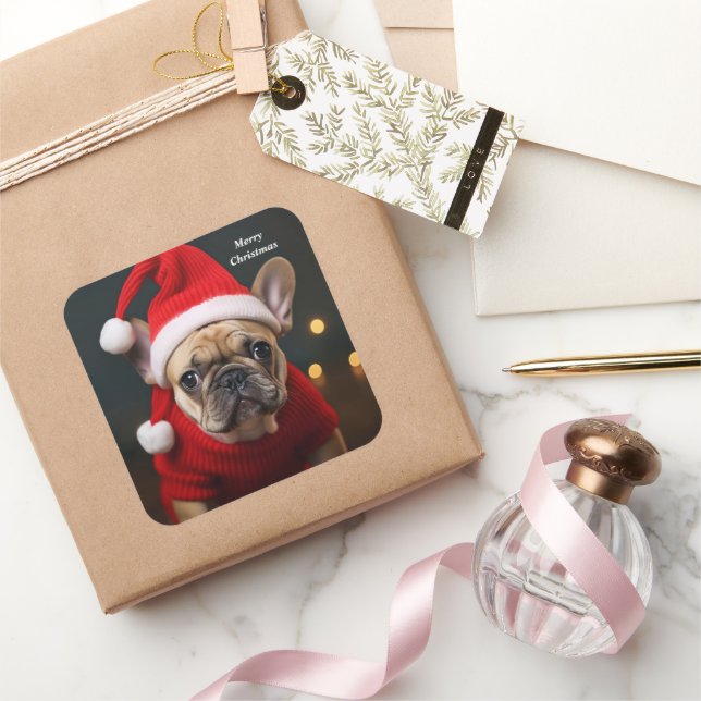 Frohe Weihnachten Französischer Bulldog Quadratischer Aufkleber (Schenken)