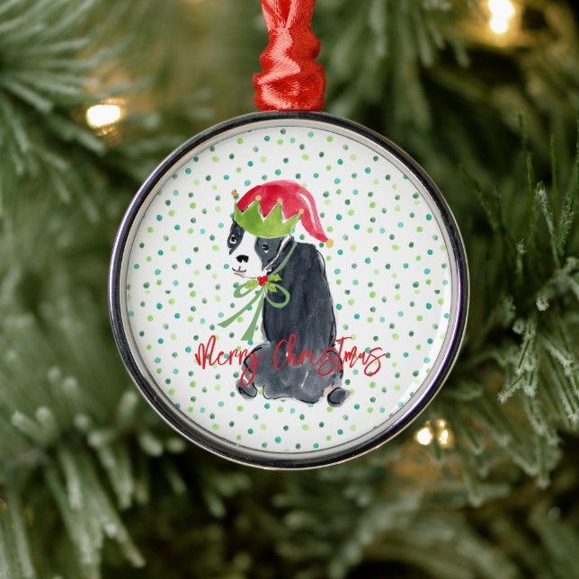 Frohe Weihnachten French Bulldog Holly Hat Festive Ornament Aus Metall (Baum)