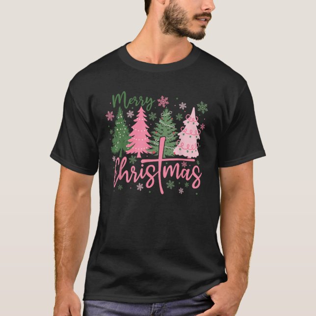 Frohe Weihnachten froh Bright Retro Pink Tree Fami T-Shirt (Vorderseite)