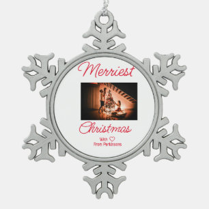 Frohe Weihnachten fügen Familienname Foto rot einf Schneeflocken Zinn-Ornament