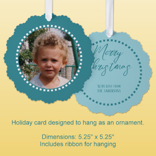 Frohe Weihnachten fügen Foto Familienname blau Ornament Karte