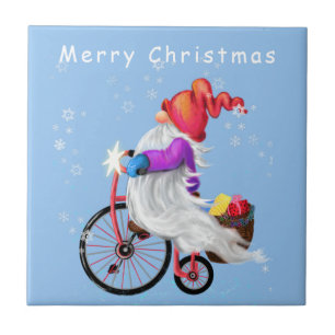 Frohe Weihnachten - Funny Gnome mit Bike und Gesch Fliese