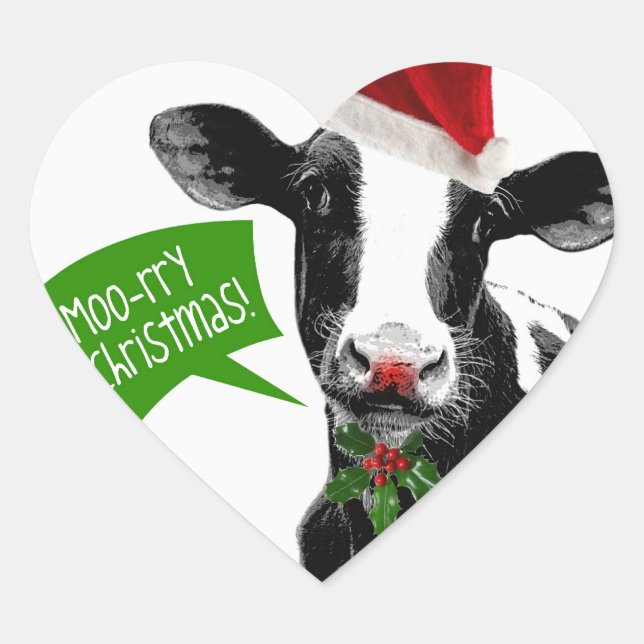 Frohe Weihnachten! Funny Holiday Cow in Weihnachts Herz-Aufkleber (Vorderseite)