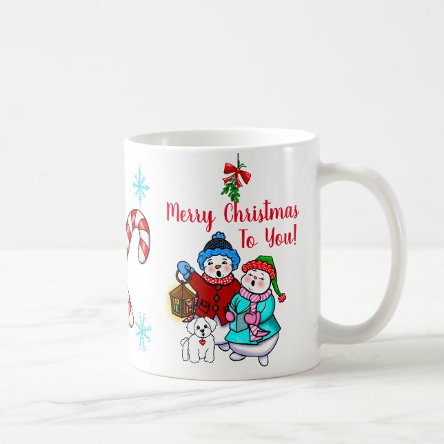 "Frohe Weihnachten für dich" Caroling Snowmen Tass Kaffeetasse (Rechts)