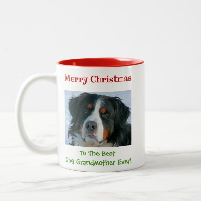 Frohe Weihnachten für Großmutter vom Hund Zweifarbige Tasse (Links)