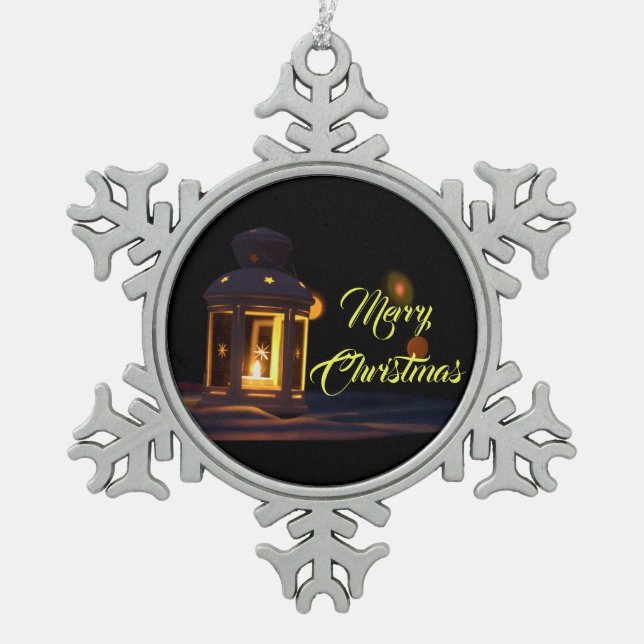 Frohe Weihnachten für Sie und Ihre Familie! Schneeflocken Zinn-Ornament (Vorderseite)