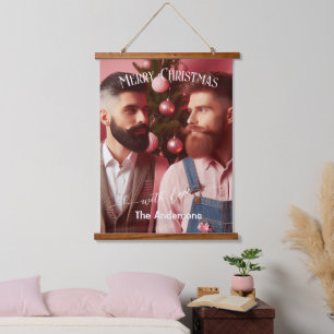 Frohe Weihnachten Gay Retro Rosa   Benutzerdefinie Wandteppich Mit Holzrahmen