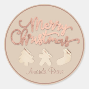 Frohe Weihnachten Gerahmten Baum Name Rose Braun E Runder Aufkleber