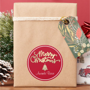 Frohe Weihnachten Gerahmten Glitzer Tree Name Gold Runder Aufkleber