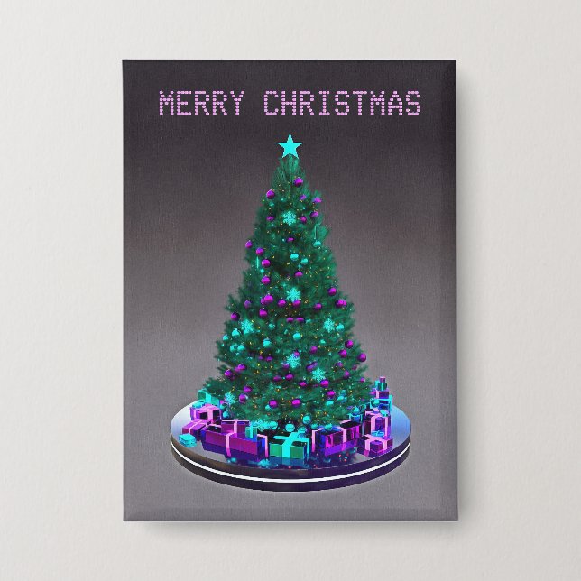 Frohe Weihnachten. Geschmückter Baum mit Geschenke Button (Vorderseite)