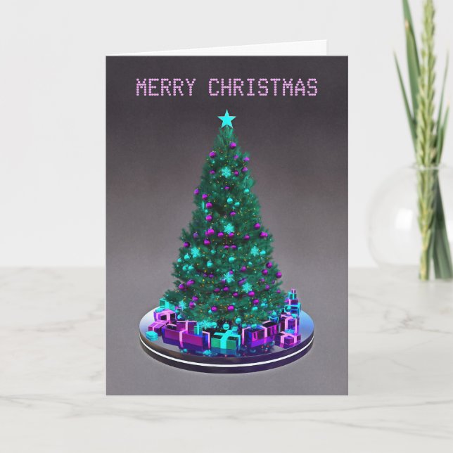 Frohe Weihnachten. Geschmückter Baum mit Geschenke Karte (Vorderseite)