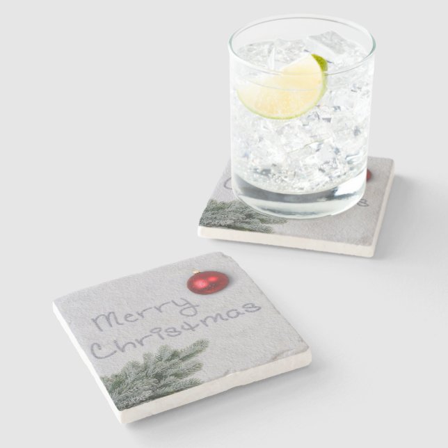 Frohe Weihnachten geschrieben in den Schnee Steinuntersetzer (Seitenansicht)