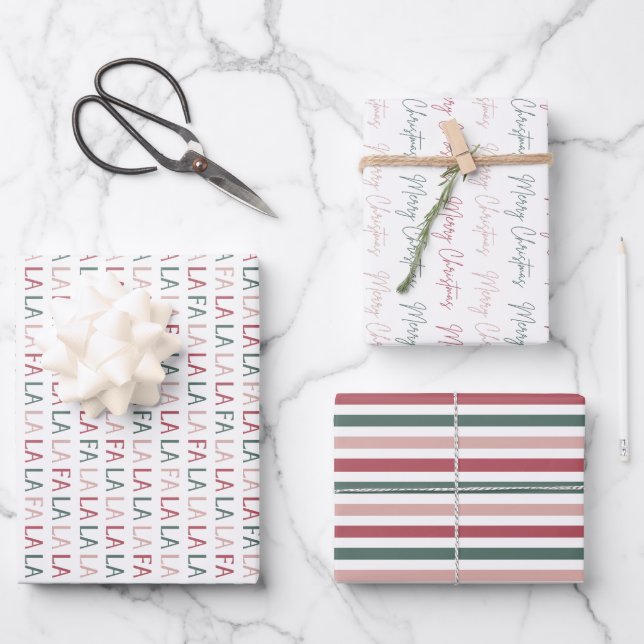 Frohe Weihnachten gestreift 3 Geschenkpapier Set (Vorderseite)