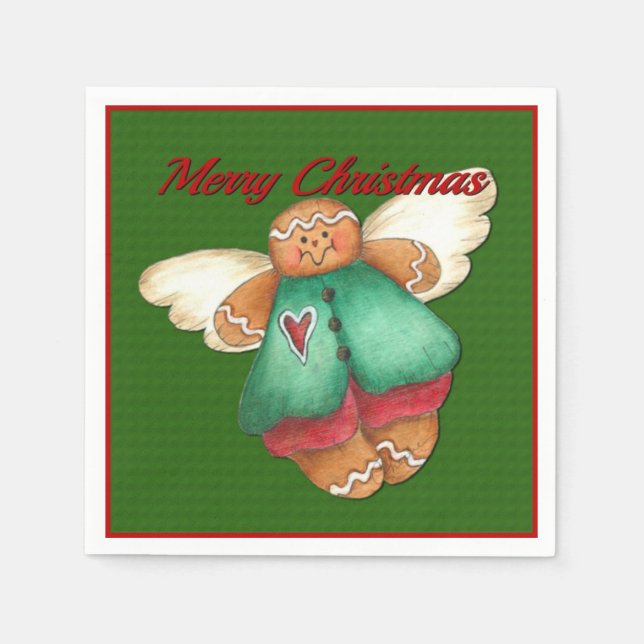 Frohe Weihnachten Gingerbread Angel Green Napkins Serviette (Vorderseite)