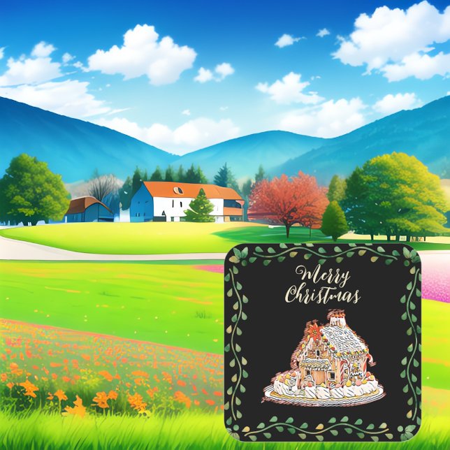 Frohe Weihnachten Gingerbread House Grüner Kranz Quadratischer Aufkleber (Merry Christmas Gingerbread House Green Wreath Square Sticker)