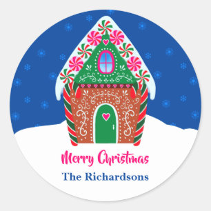 Frohe Weihnachten Gingerbread House Night Blue Runder Aufkleber