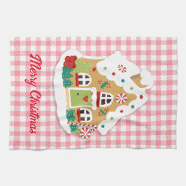Frohe Weihnachten Gingerbread House Pink Gingham Geschirrtuch