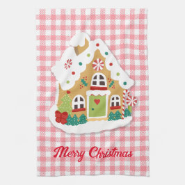 Frohe Weihnachten Gingerbread House Pink Gingham Geschirrtuch