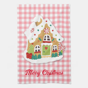 Frohe Weihnachten Gingerbread House Pink Gingham Geschirrtuch
