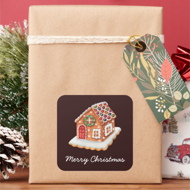 Frohe Weihnachten Gingerbread House Quadratischer Aufkleber (Feiertag)