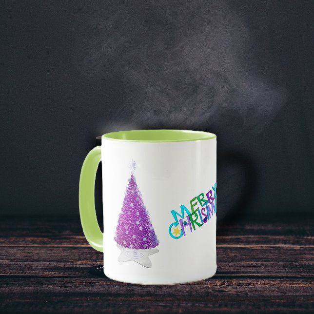 Frohe Weihnachten Glanz Rosa silberne Bäume Tasse (Merry Christmas pink trees on star rug silver star decorations on holiday coffee mug.)