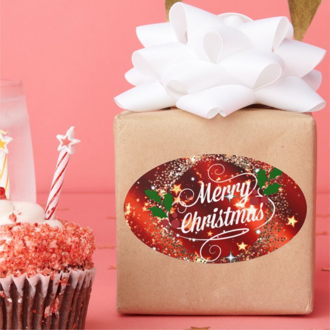 Frohe Weihnachten, glänzendes Rot- und Golddesign Ovaler Aufkleber (Party)