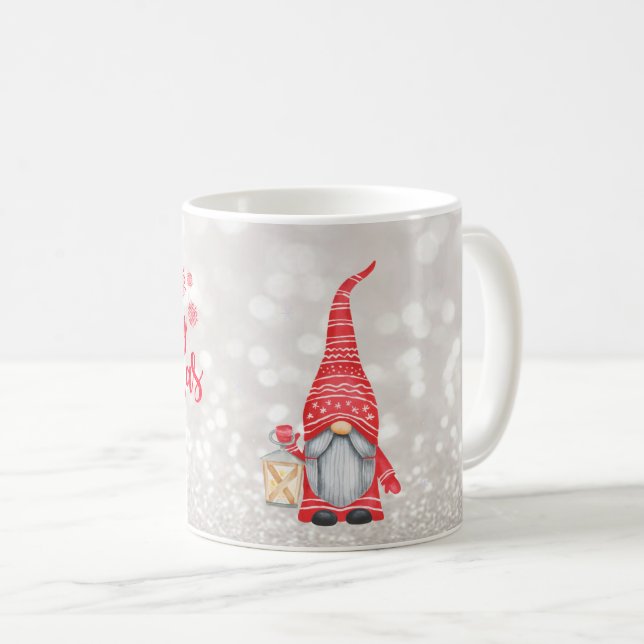 Frohe Weihnachten, Glitzer Bokeh, Niedlicher Gnome Kaffeetasse (VorderseiteRechts)