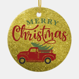Frohe Weihnachten Glitzer Red Truck Weihnachtsbaum Keramik Ornament