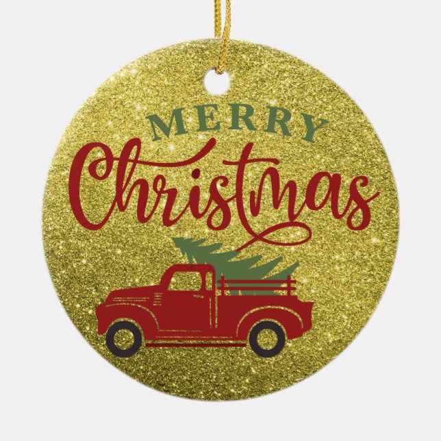 Frohe Weihnachten Glitzer Red Truck Weihnachtsbaum Keramik Ornament (Vorne)