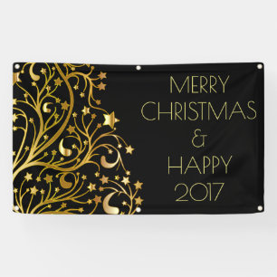Frohe Weihnachten Glück 2017 Tree Stars Black Gold Banner