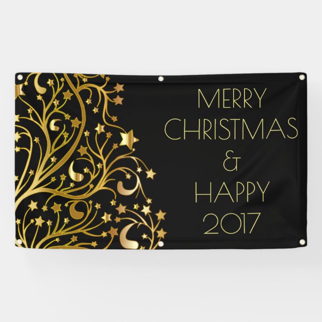 Frohe Weihnachten Glück 2017 Tree Stars Black Gold Banner (Horizontal)