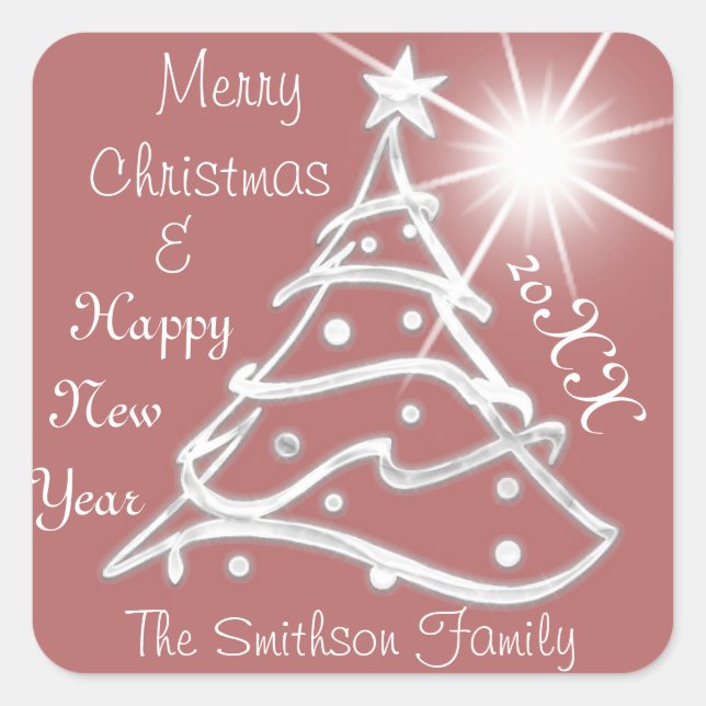 Frohe Weihnachten & Glück Neujahr Bäume Grau Rose Quadratischer Aufkleber (Vorderseite)
