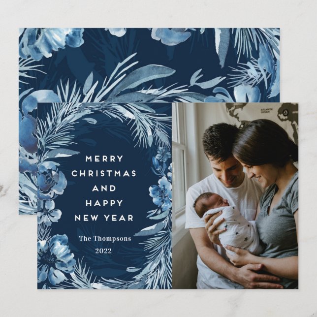 Frohe Weihnachten Glück Neujahr Blue Watercolor Ho (Vorne/Hinten)