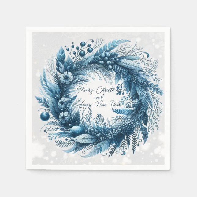 Frohe Weihnachten Glück Neujahr Blue Wreath Serviette (Vorderseite)