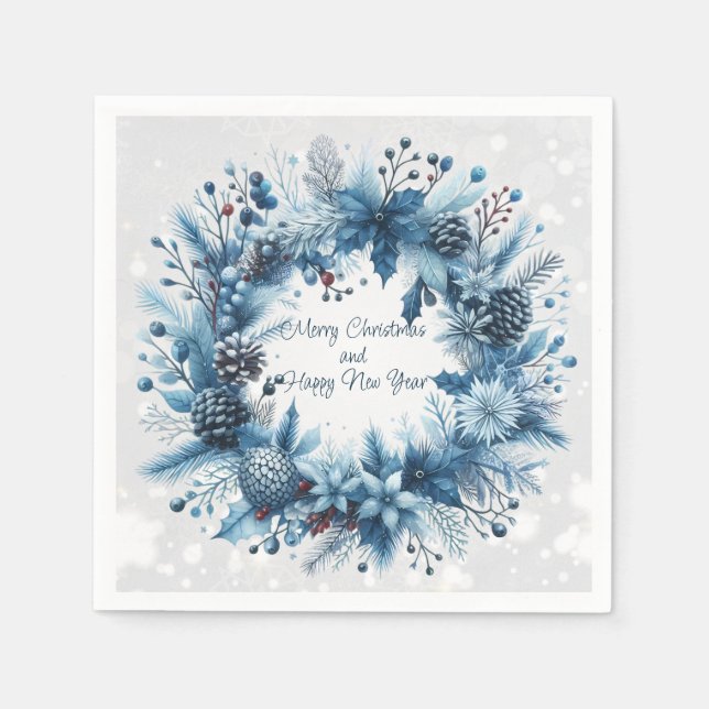 Frohe Weihnachten Glück Neujahr Blue Wreath Serviette (Vorderseite)